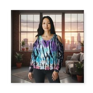 Young Fabulous & Broke YFB ☀︎︎ Cold Shoulder Pullover Top ☀︎︎ Multi Tie Dye ☀︎︎M